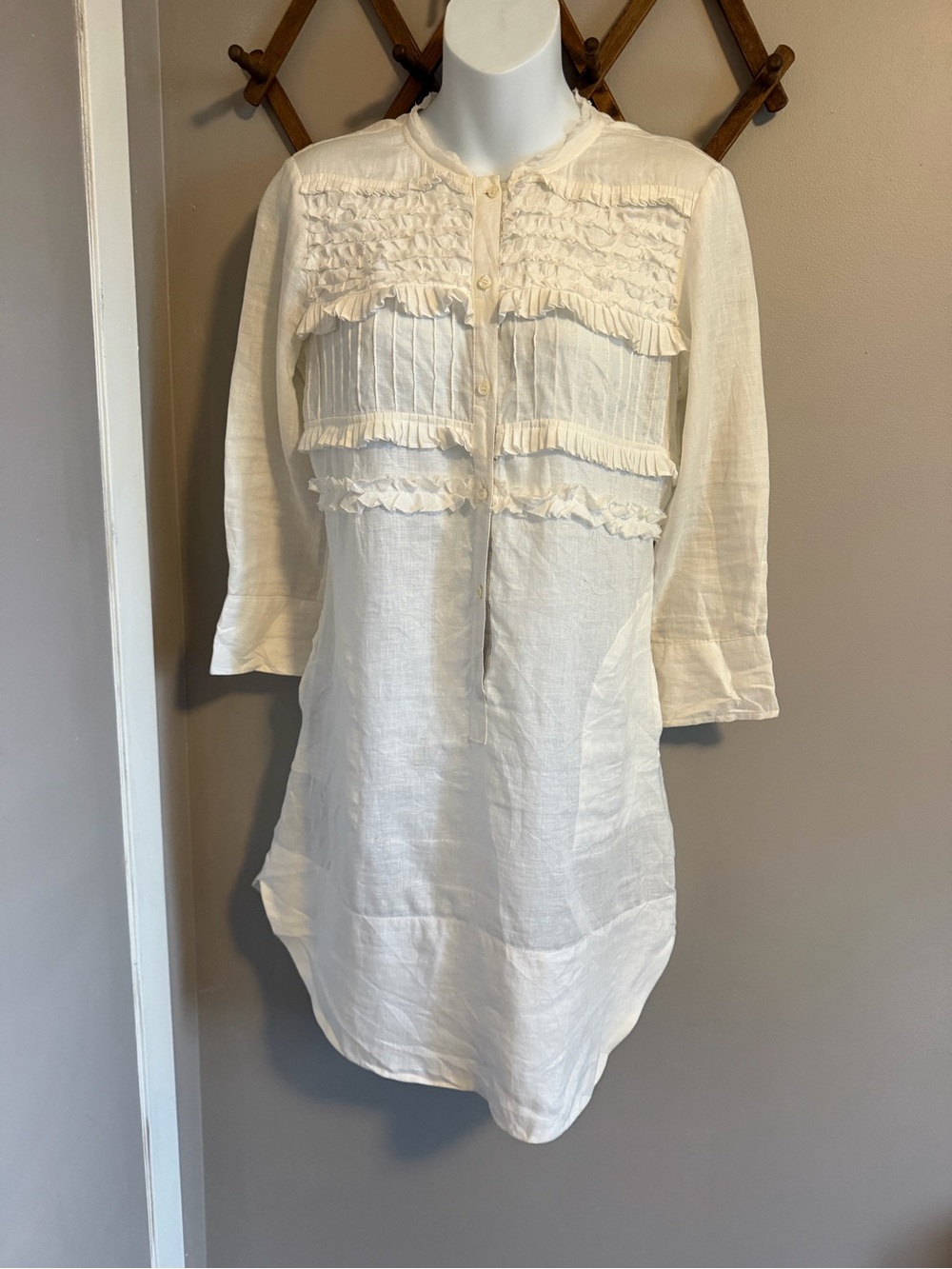 Henry Cottons White 100% Linen Ruffle Pintuck Tunic Shirt Dress Pocket Sz 42 (6)